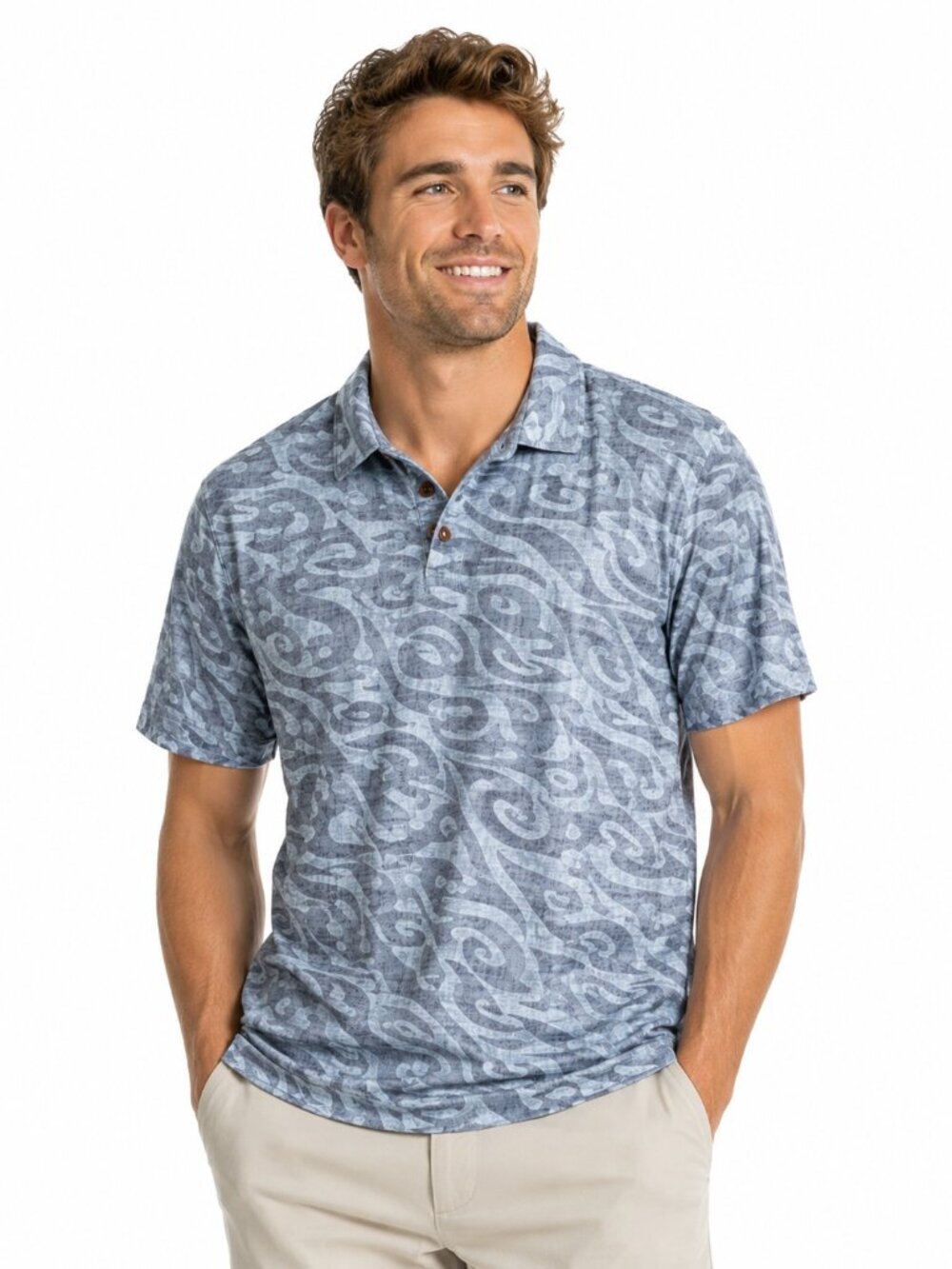 Crazy Shirts Men's Hawaiian Polo Shirt Size Large Blue Waves Pullover Cotton